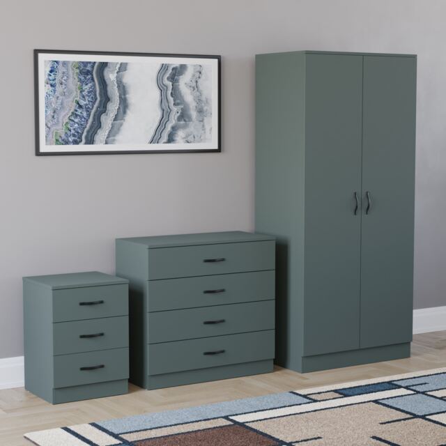 Vida Designs Riano 3 Piece Bedroom Set (3 Drawer Bedside Chest, 4 Drawer Chest, 2 Door Wardrobe), Green (4)