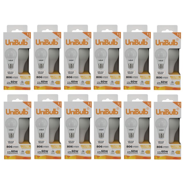 UniBulb LED GLS E27 Edison Screw (ES) 806lm 7.3W (Replaces 60W) 2700K (Warm White) Light Bulb - Pack of 12