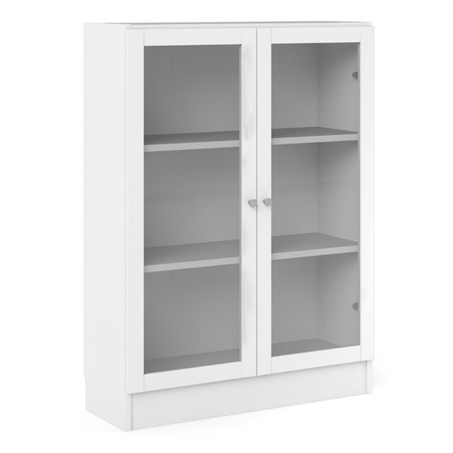 Basic Low Wide Display Cabinet in White (2 Shelves) with 2 Glass Doors in White