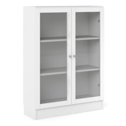 Basic Low Wide Display Cabinet in White (2 Shelves) with 2 Glass Doors in White