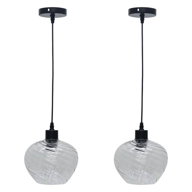 Set of 2 Bradson - Clear Swirl Glass with Black Pendant Fittings Clear Clear 2