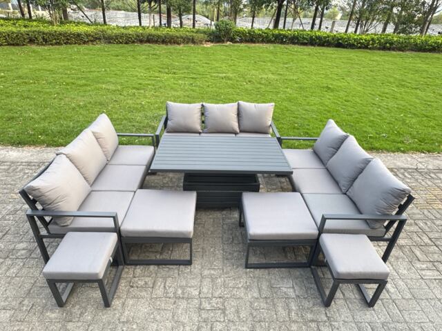 Fimous Aluminum Outdoor Patio Furniture Set Modern Patio Conversation Sets with Adjustable Rising Lifting Dining Table 4 Footstools Dark Grey