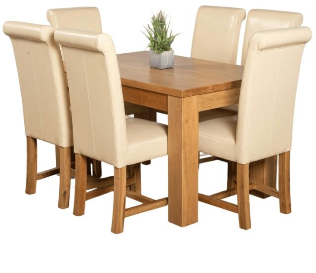 Dakota 127 x 82cm Oak Small Dining Table and 6 Washington Leather Chairs Cream Cream