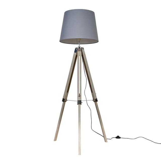 ValueLights Clipper Light Wood Tripod Floor Lamp Grey Taper Shade