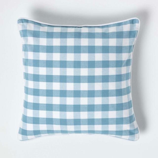 Homescapes Blue Block Check Cotton Gingham Cushion Cover - 45 x 45 cm Blue Blue 45 x 45 cm