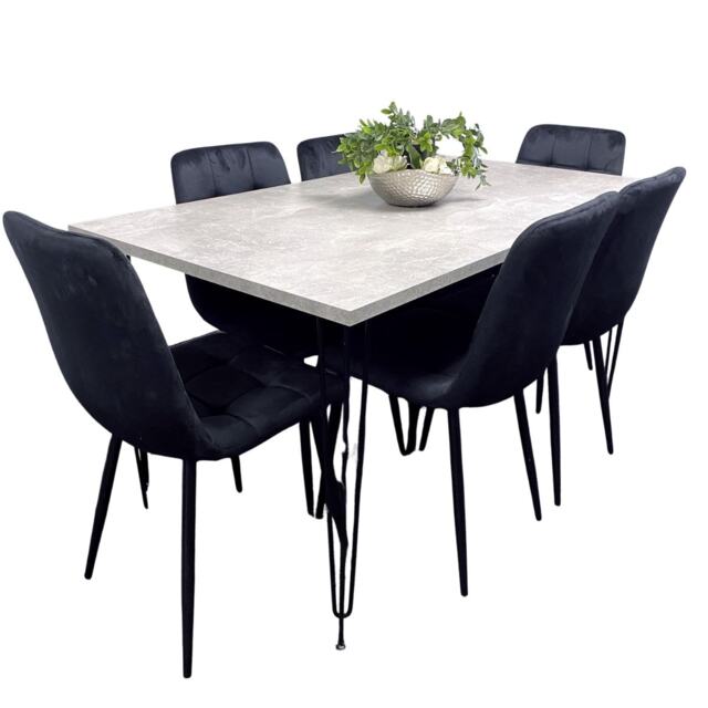 Grey Wooden Dining Table Hairpin Legs with 6 black Velvet Chairs - Dining Kitchen Room Furniture