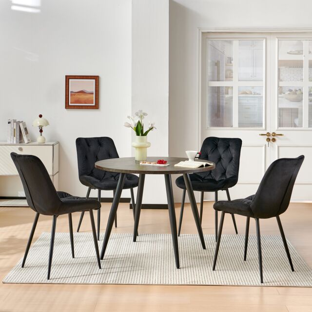 SONARA Grey Marble Round Dining Table and Velvet Chairs Set, Modern 4 Seater for Dining Room