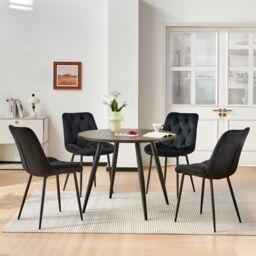 SONARA Grey Marble Round Dining Table and Velvet Chairs Set, Modern 4 Seater for Dining Room