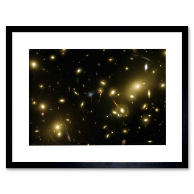 "Hubble Gravity Galaxy Cluster Abell 2218 Magnifying Glass 9x7"" Black Framed Wall Art Print"