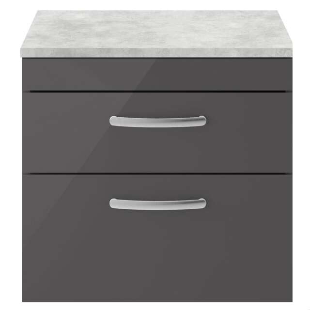 Balterley Millwich Contemporary 2 Drawer Wall Hung Vanity Unit with Laminate Black Galaxy Granite Worktop, Gloss Grey, 600mm