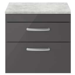 Balterley Millwich Contemporary 2 Drawer Wall Hung Vanity Unit with Laminate Black Galaxy Granite Worktop, Gloss Grey, 600mm