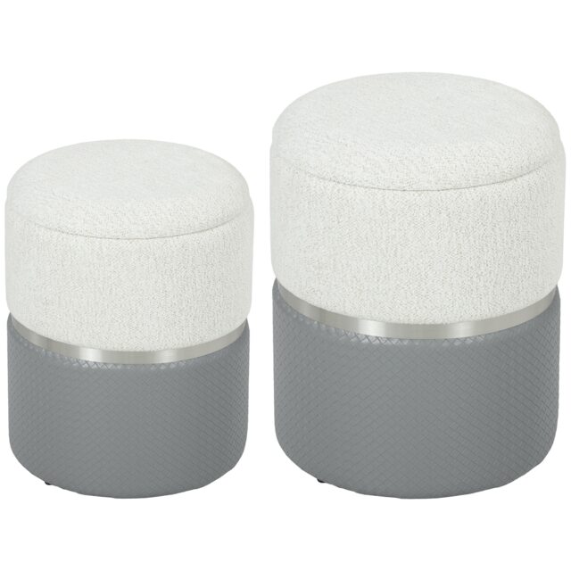 HOMCOM Round Storage Ottoman Set of 2, Nesting Footrest Stool Grey Cream and grey Φ36 x 45H cm (large), Φ31.5 x 39H cm (small)