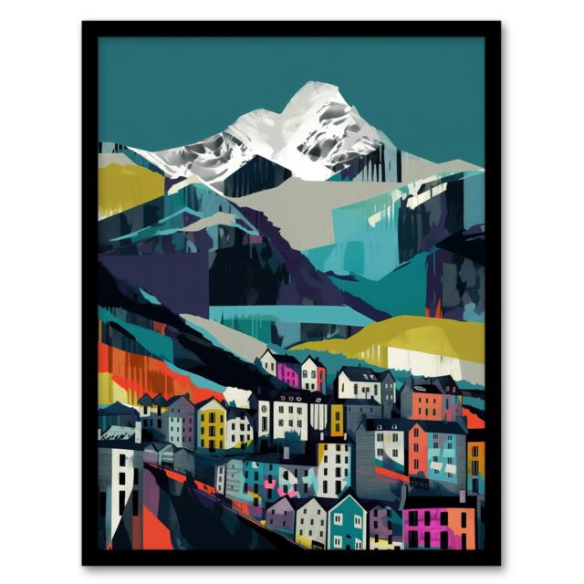 Life Beneath Summit Colourful Townscape By Black Framed Wall Art Print A4