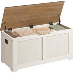 Farmhouse Storage Chest, Shoe Storage Bench with Safety Hinges for Hallway, Bedroom and Living Room, Rustic White and Honey Brown