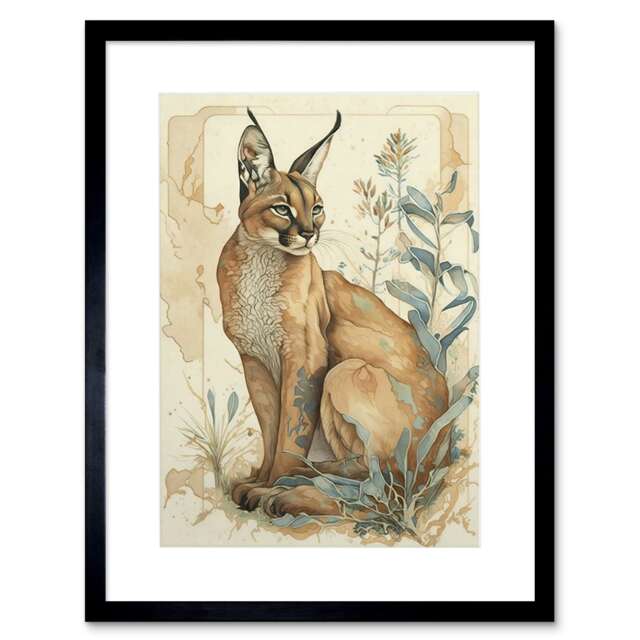 "Caracal Cat Teal Plants Modern Pastel Watercolour 9x7"" Black Framed Wall Art Print"