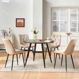 SONARA Grey Marble Round Dining Table and Velvet Chairs Set, Modern 4 Seater for Dining Room