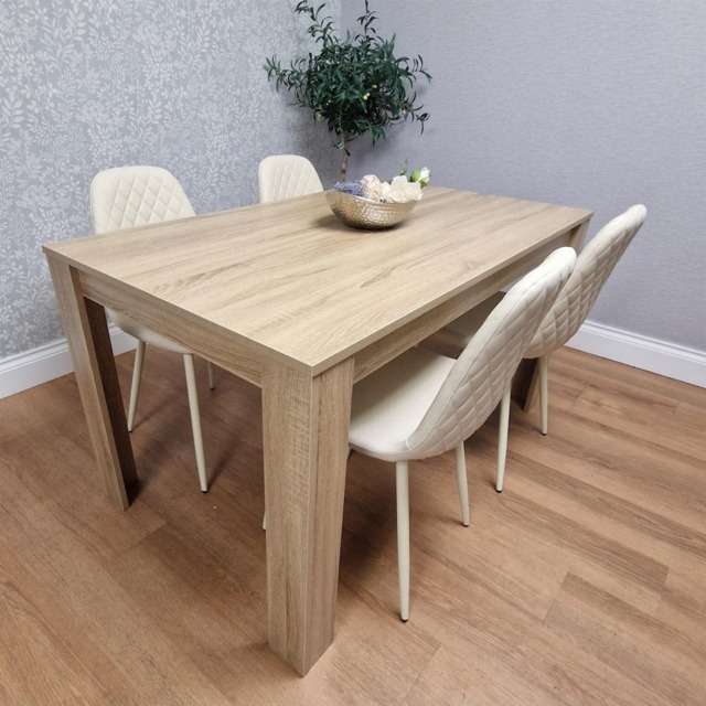 Oak Effect Wood Dining Table with 4 Cream Gem Pattern Faux Leather Chairs