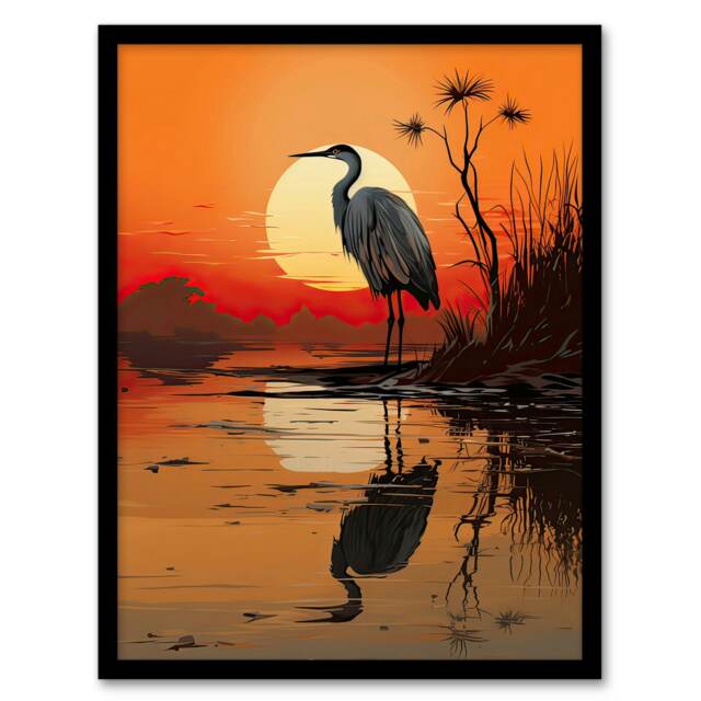 Heron Coastal Landscape Lake Sunset Red Black Framed Wall Art Print A4