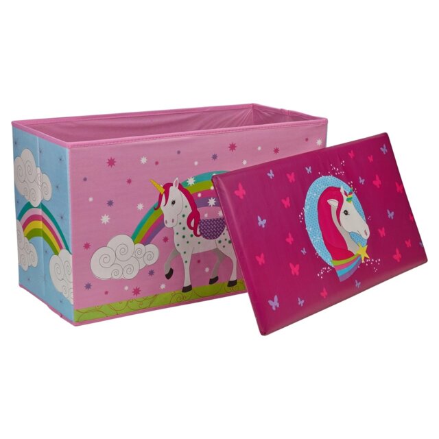 Childrens Toy Box Storage Chest Collapsible Ottoman Bench Seat 60cm Boys Girls Pink Unicorn