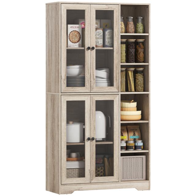 HOMCOM 172 cm Tall Kitchen Cupboard, Pantry Storage Cabinet with Tempered Glass Doors and Soft-Close Hinges, Freestanding Kitchen Cabinet with Adjustable Shelves and 6 Open Shelves, Light Grey Grey Light Grey