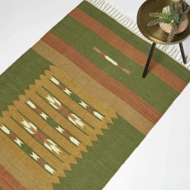 Homescapes Lundi Orange and Green Kilim Cotton and Jute Rug - 120 x 170 cm Green Green and Orange 120 x 170 cm