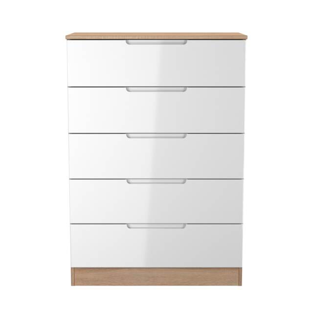 Lucca 5 Drawer Chest of Drawers in White Gloss & Bardolino Oak (Ready Assembled) White White Gloss & Bardolino Oak