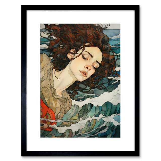 "Dream of The Sea Waves Woman Sleep Portrait 9x7"" Black Framed Wall Art Print"
