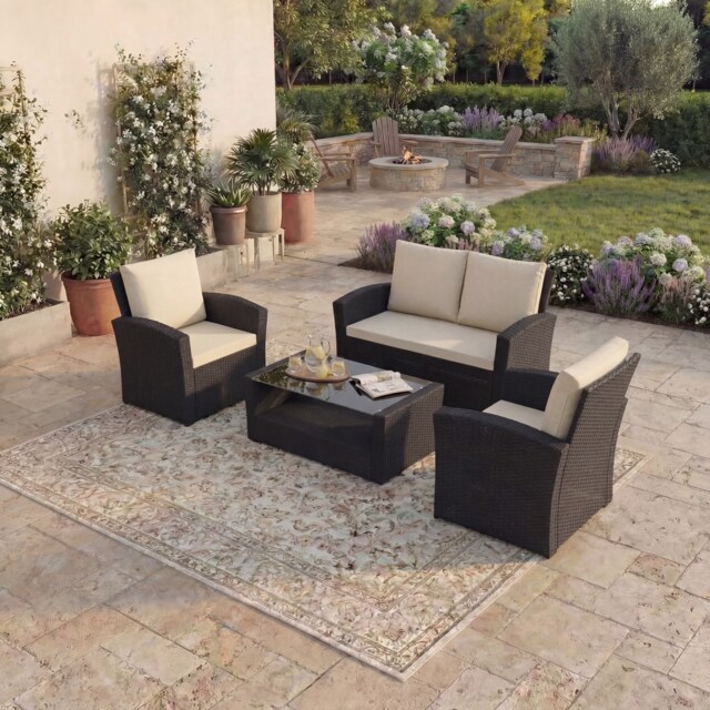Garden Vida Mylor 4 Seater Rattan Set Chair Sofa Coffee Table Outdoor Garden Furniture, Black