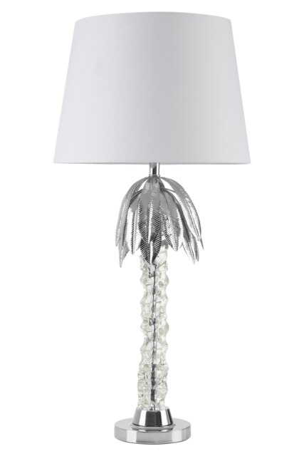 Orsina Contemporary Chrome Table Lamp With Palm Tree Base, Luxe Metal Table Lamp With White Fabric Shade