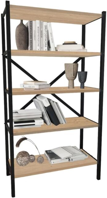 5-Shelf Wood Bookcase Unit With Metal Frame Home Decor Storage and Shelving Multi Sapphire Oak 1