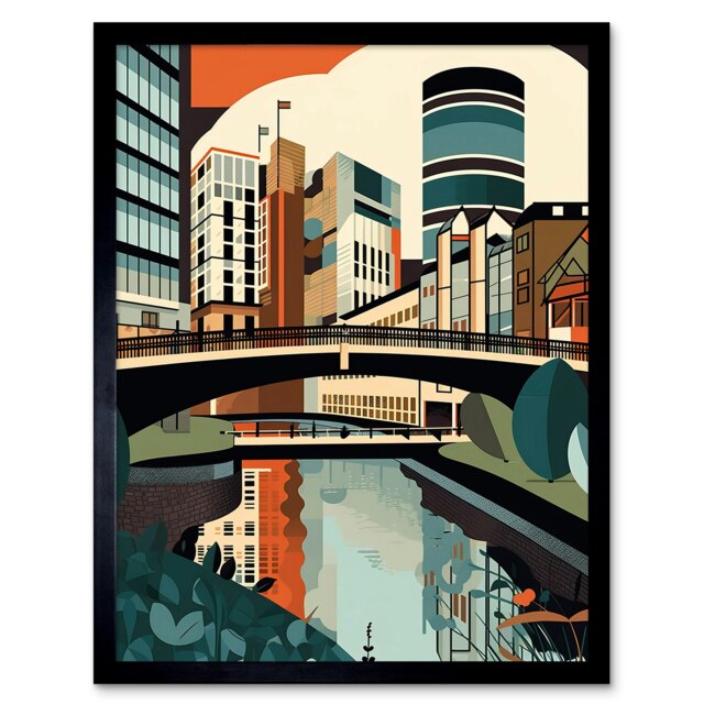"Birmingham City Centre Canal Geometric Cityscape 12x16"" Framed Wall Art Print"