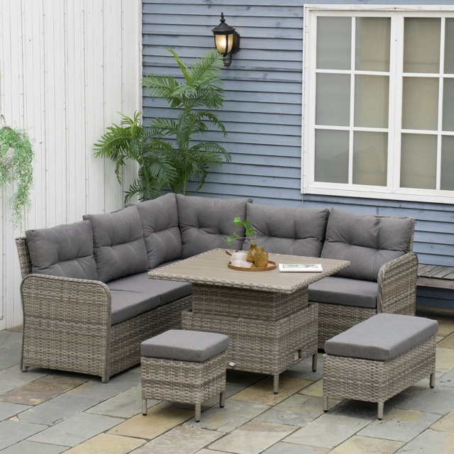 Outsunny 6 PCs Rattan Garden Furniture Sectional Corner Sofa, Grey Grey One Size