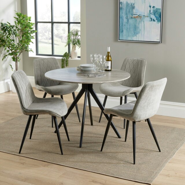 Aspen Grey Oak Effect 100cm Round Dining Table with 4 Diamond Stitch Upholstered Fabric Chairs - Modern Dining Set Grey Light Grey One Size 1