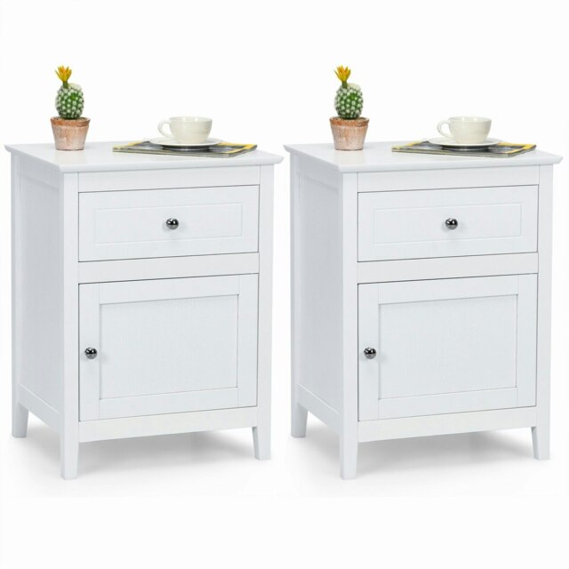 COSTWAY Set of 2 Nightstand Modern Sofa Side Table White White