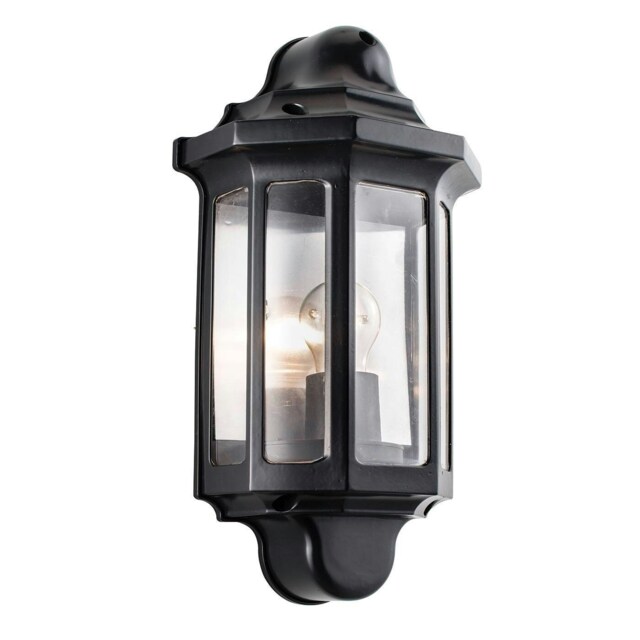 Traditional Outdoor Wall Lantern Satin Black Paint, Clear Polycarbonate IP44, E27