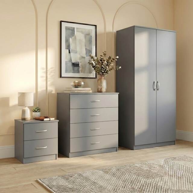 Vida Designs Riano 3 Piece Bedroom Set (2 Drawer Bedside Chest, 4 Drawer Chest, 2 Door Wardrobe) - Grey