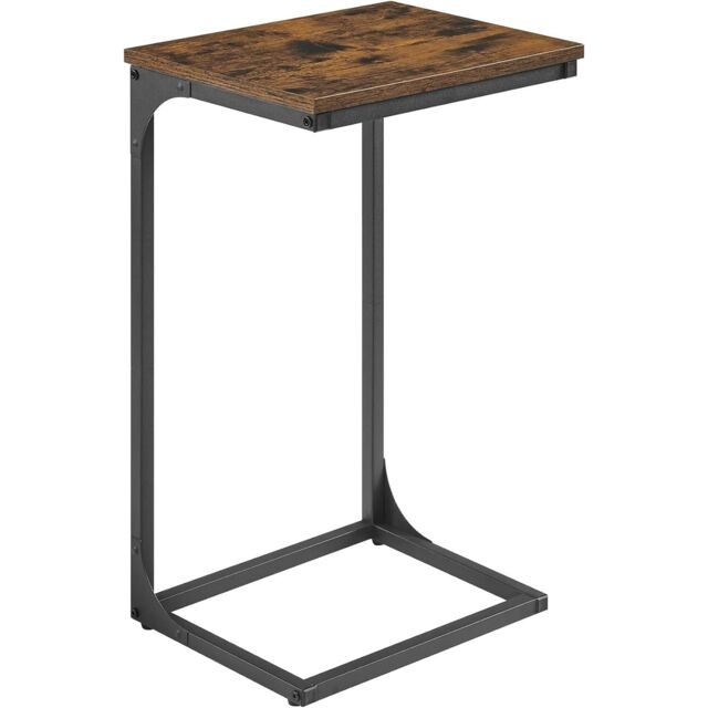 C-Shape Sofa Side Table with Industrial Metal Frame, Rustic Brown and Black