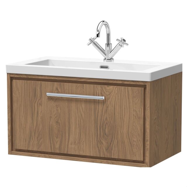 Balterley Longnor 1 Drawer Wall Hung Vanity Unit with 1 Tap Hole Modern Fireclay Basin, Antique Oak, 800mm
