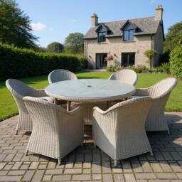 Sorrento 6-Seater Rattan Dining Set, Round Garden Table with Chairs, Outdoor Patio Furniture Set
