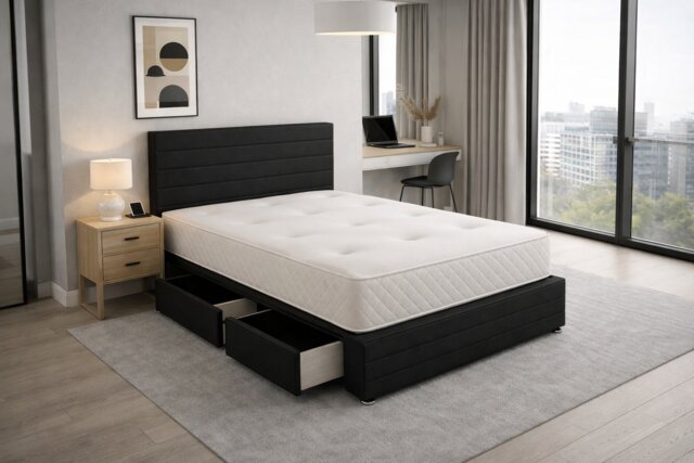 Divan Bed Set Headboard and Footboard with Mattress 6ft Superking Black Suede Storage 2 Drawers Right Side Laying in Bed