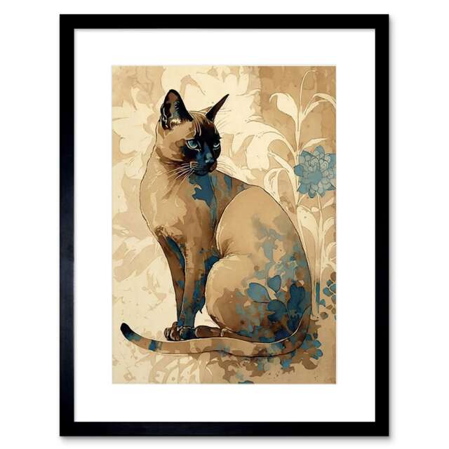 "Tonkinese Cat Blue Flower Modern Watercolour 9x7"" Black Framed Wall Art Print"