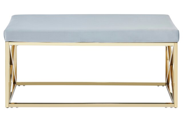 Luxe Powder Blue Velvet And Gold Bench, Stylish Garden Bench For Outdoor, Accent Dining Bench For Diningroom Blue