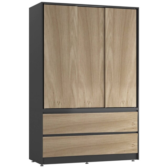 URBNLIVING 3 Sliding Door Wardrobe With 4 Drawers And Hanging Rail Black Oak Drawers 1