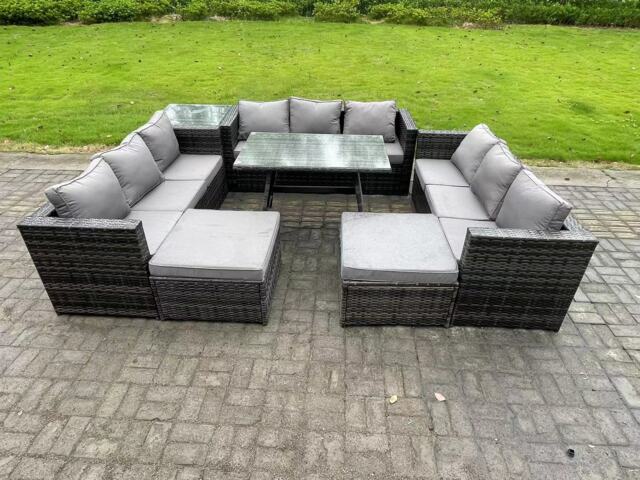 Fimous 11 Seater Rattan Outdoor Furniture Lounge Sofa Garden Dining Set with Dining Table Side Table 2 Big Footstools Dark Grey Mixed