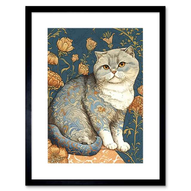 "Cute Cat Floral Pattern Fur Autumn Flower Blooms 9x7"" Black Framed Wall Art Print"