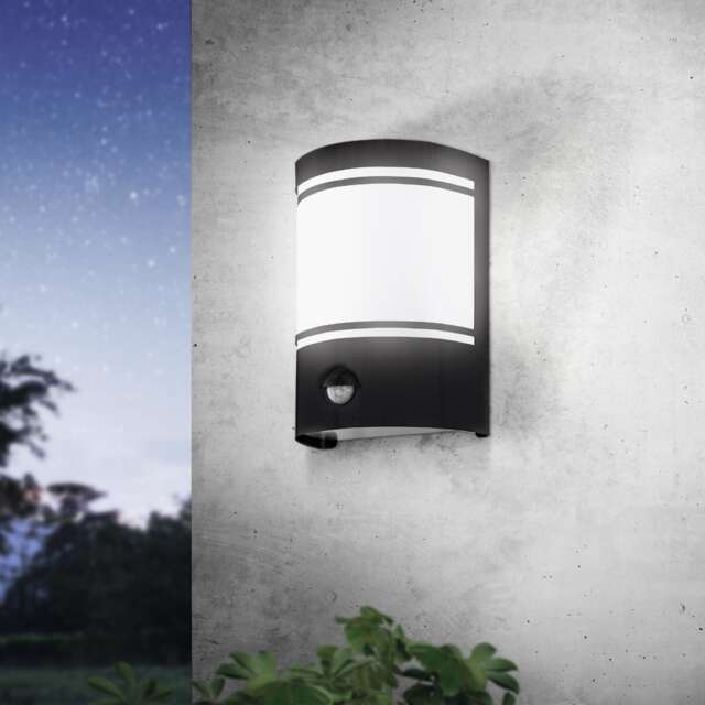 EGLO Cerno Exterior Curved Black Steel Wall Light With Motion Sensor