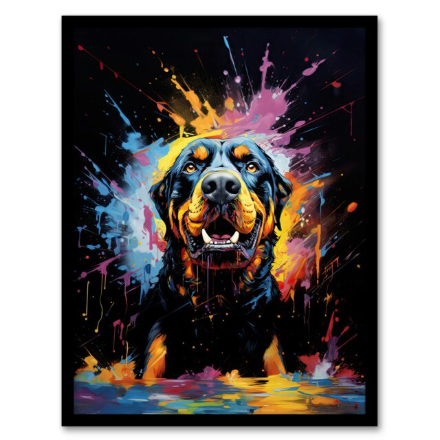 Dog Rottweiler Pet Portrait Orange Purple Black Framed Wall Art Print A4