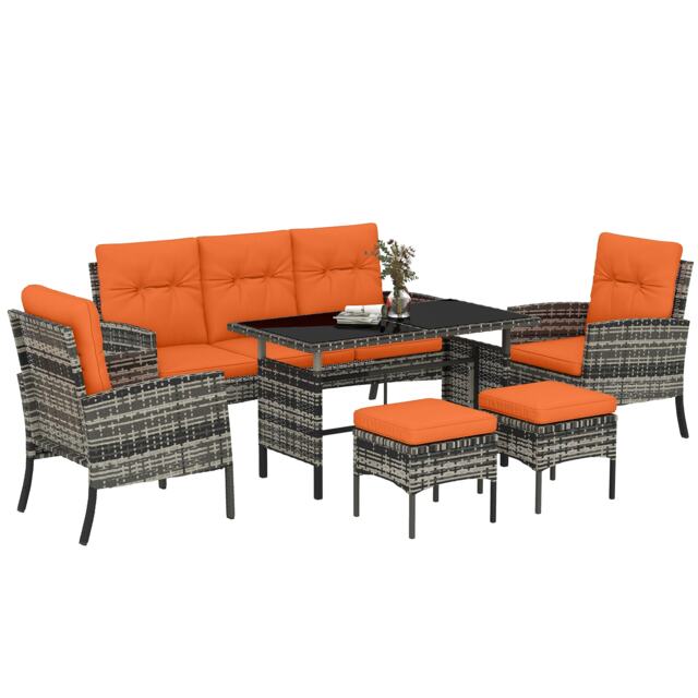 Outsunny 6 Pieces Rattan Garden Furniture Sofa Set with Cushions, Orange Orange Orange