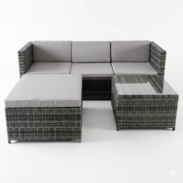 Alivio 4 Seater Rattan Garden Furniture Set, 3-Piece PE Rattan Corner Sofa & Coffee Table with Anti-UV Cushions (Grey)