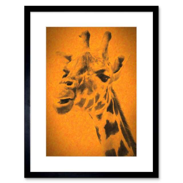 "Giraffe Head Portrait Bold Orange Animal Lover 9x7"" Black Framed Wall Art Print"